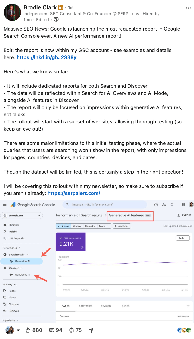 Google Search Console AI raporu ile ilgili LinkedIn paylaşımı