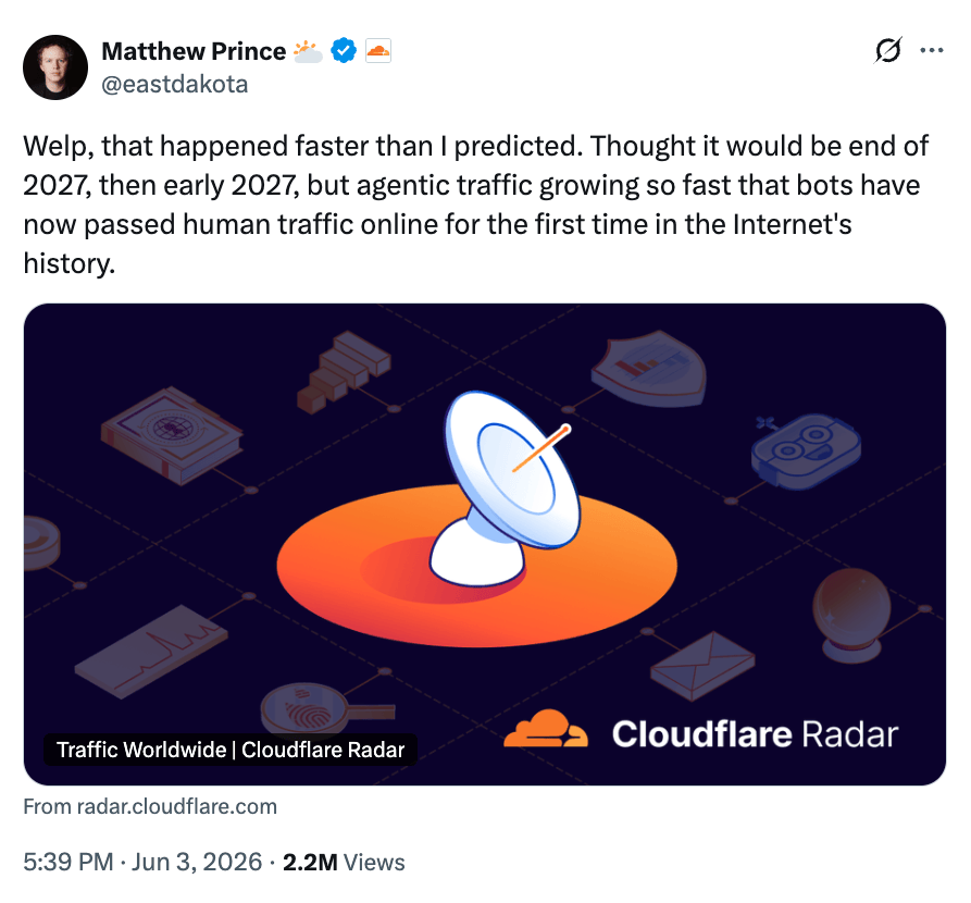 Cloudflare CEO'sunun ajan trafiğiyle ilgili tweet paylaşımı