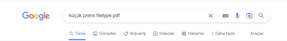 Google’da filetype: operatörü ile PDF araması örneği.