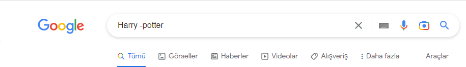 Google’da eksi (-) operatörü ile hariç tutma örneği.