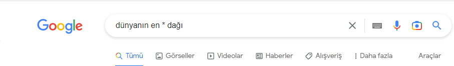 Google aramada yıldız (*) joker karakter örneği.