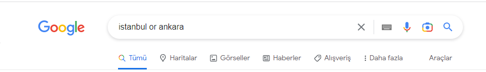 Google’da OR operatörü ile arama örneği.