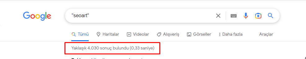 Google’da çift tırnak ile tam eşleşmeli arama örneği.