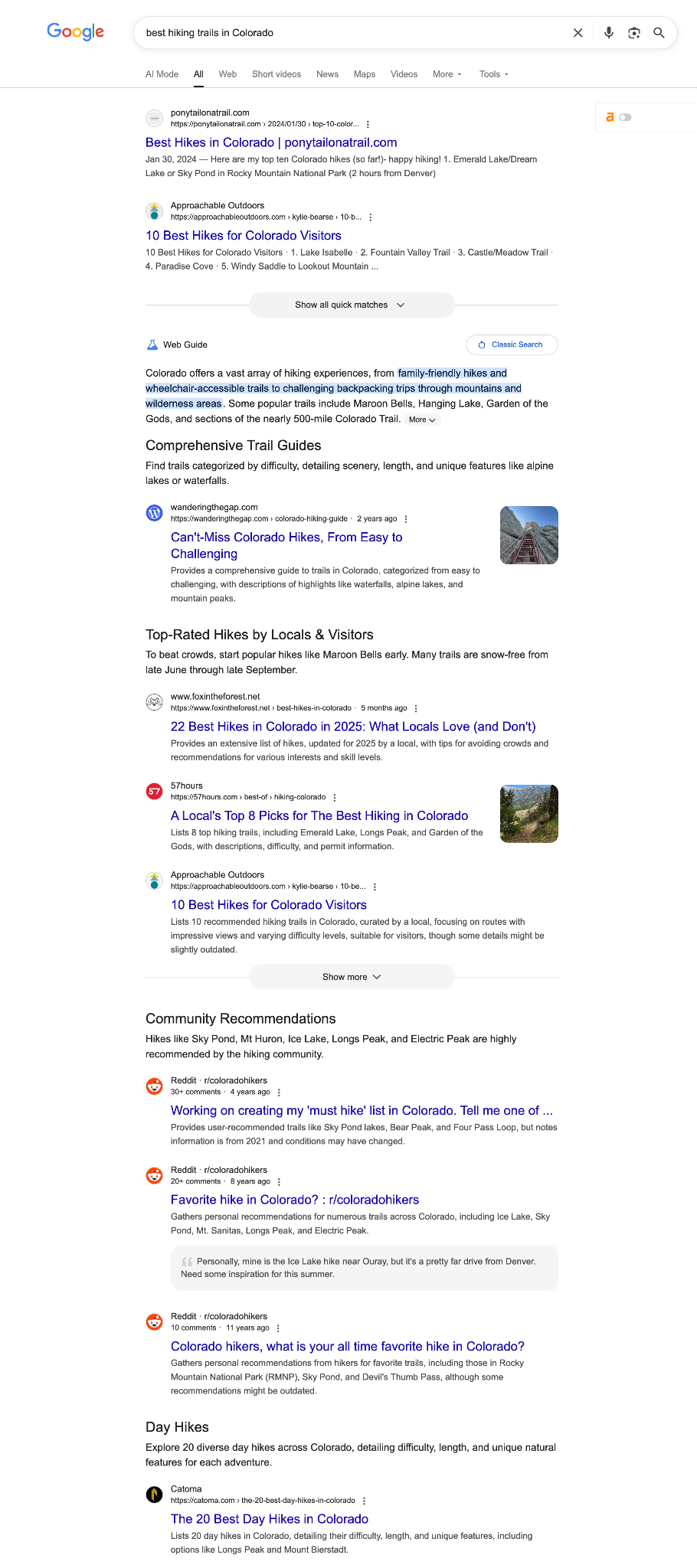 Colorado yürüyüş parkurları için Google Web Guide arama sonuçları sayfası