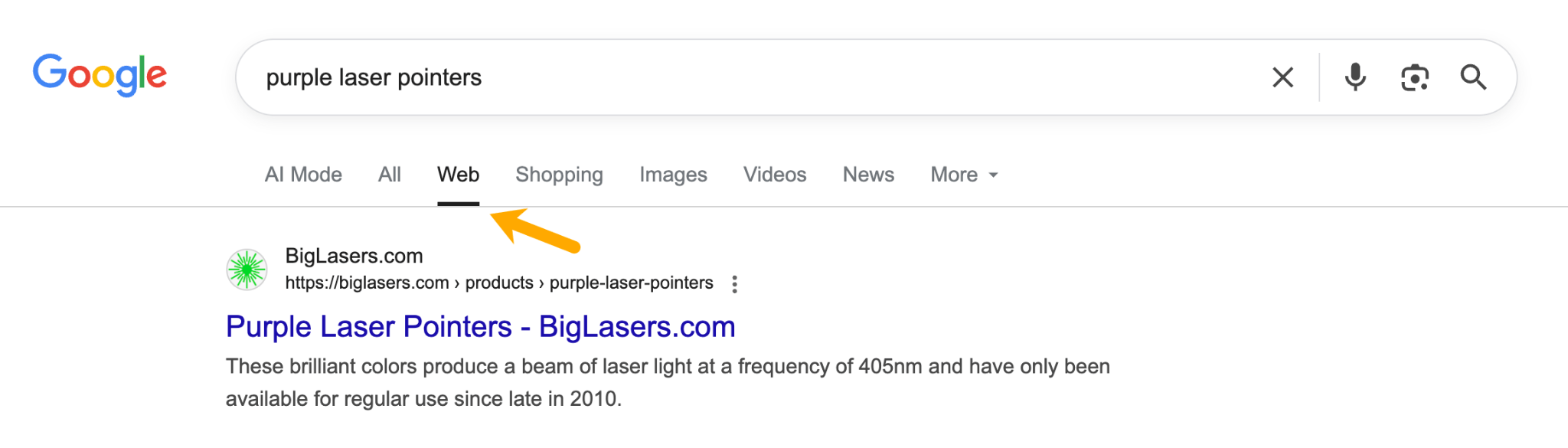 Web sekmesinde mor lazer işaretleyici araması