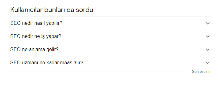 Google sonuçlarında kullanıcıların sorduğu ilişkili sorular kutusu örneği.