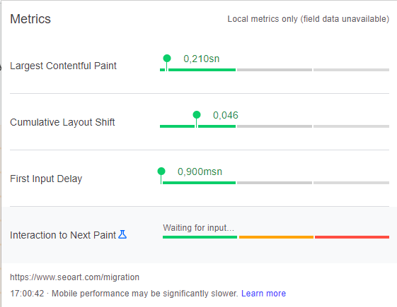 Web Vitals Chrome uzantısı