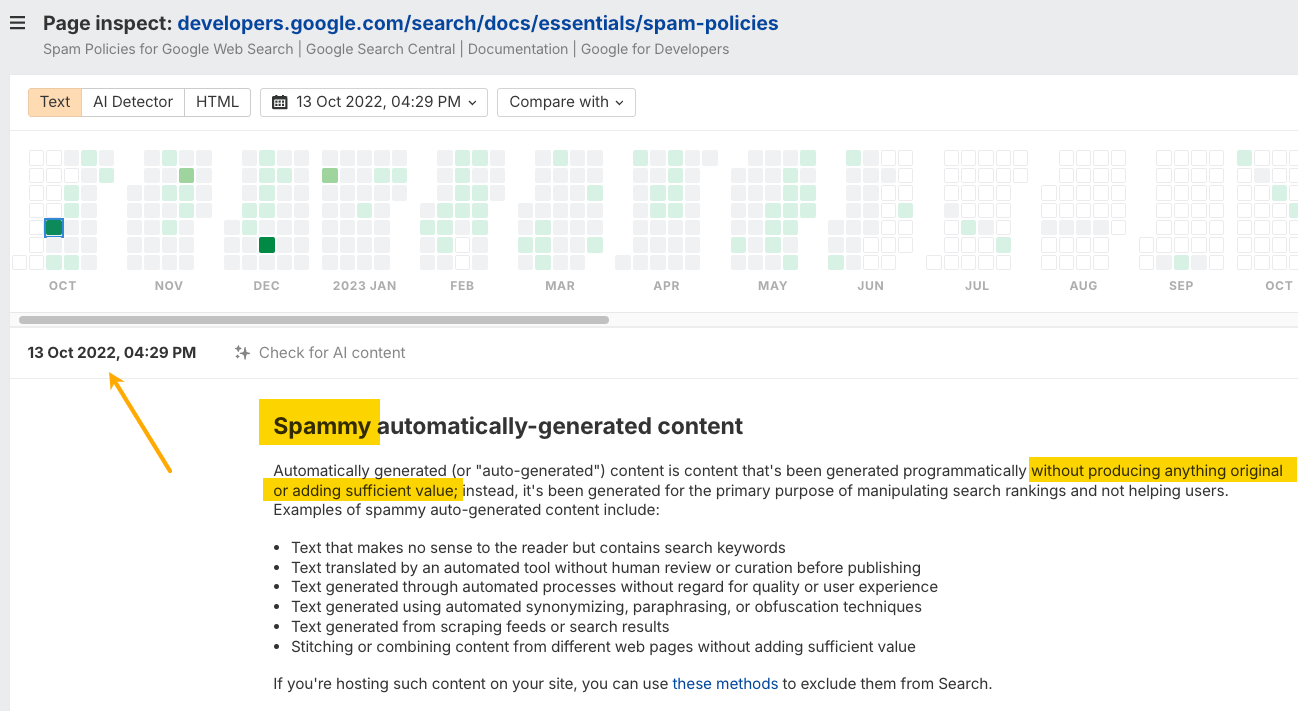 Google Spam Politikaları sayfasında otomatik spam içerik tanımı vurgulanmış ekran görüntüsü