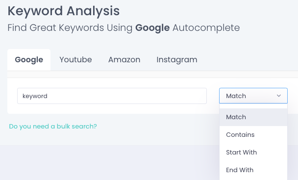 Keyword.dev arayüzü: eşleşme türü seçenekleri Match, Contains, Start With, End With.
