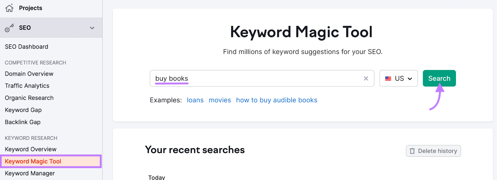 Semrush Keyword Magic Tool Sorular sekmesi — soru tabanlı anahtar kelime önerileri.