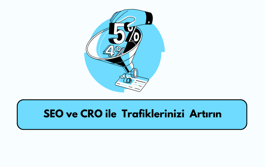 SEO ve CRO ile trafiğinizi ve dönüşümünüzü artırın — huni ve dönüşüm metaforlu kapak.