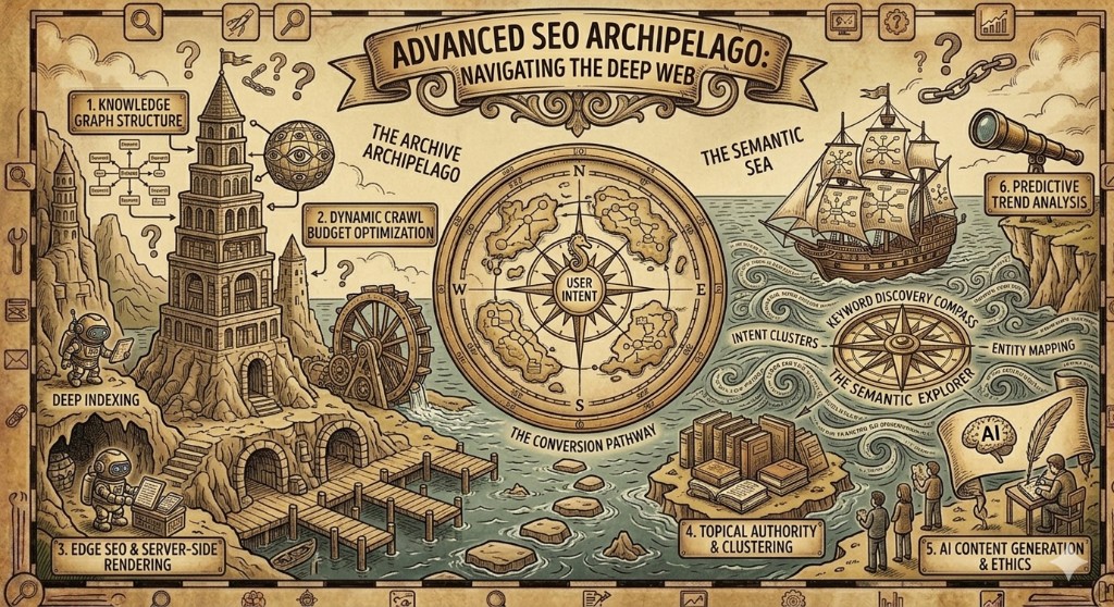Advanced SEO Archipelago haritası: teknik SEO, tarama bütçesi, indeksleme ve kullanıcı niyeti metaforları.